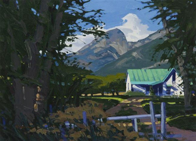 William Cather Hook, (American, b. 1948), Blue/Gre: William Cather Hook (American, b. 1948) Blue/Green Roof with Mountain acrylic on canvas signed W.C. Hook (lower left); signed and titled (verso) 14 x 18 inches.