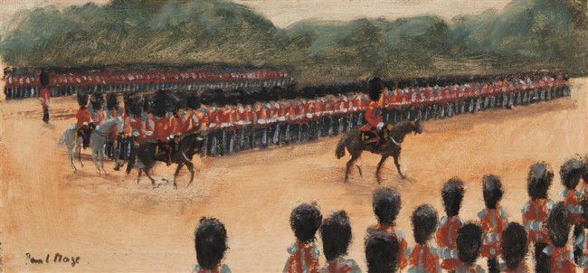 Paul Lucien Maze, (French, 1887-1979), King George: Paul Lucien Maze (French, 1887-1979) King George VI Reviewing his Guards, 1942-52 oil on canvas signed Paul Maze (lower left) 6 3/4 x 14 inches. Property from the Bradley Family Found