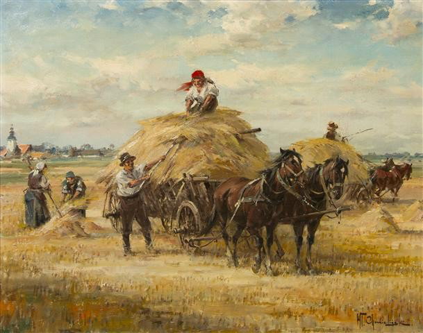 Wladyslaw Chmielinski, (Polish, 1911-1979), Hay Ha: Wladyslaw Chmielinski (Polish, 1911-1979) Hay Harvest oil on canvas signed W. T. Chmielinski (lower right) 16 1/8 x 20 1/8 inches.