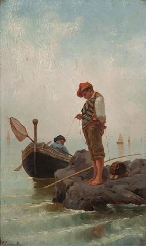 Gaetano Capone, (Italian, 1845-1920), Two Boys Fis: Gaetano Capone (Italian, 1845-1920) Two Boys Fishing oil on board signed G. Capone (lower left) 11 1/4 x 6 3/4 inches.