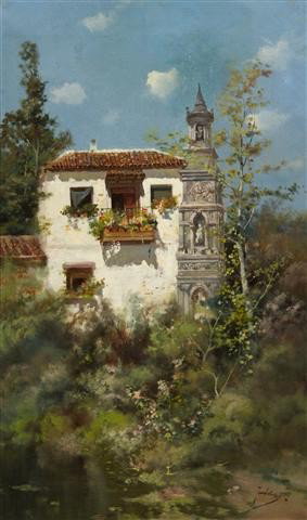 Jose Maria Jardines, (Spanish, 1862-1914), Hillsid: Jose Maria Jardines (Spanish, 1862-1914) Hillside Villa oil on canvas signed Jardines (lower right) 21 1/2 x 13 inches.