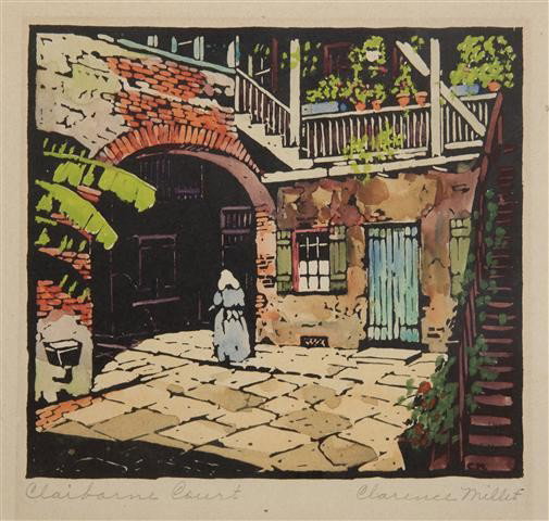 Clarence Millet, (American, 1897-1959), Claiborne : Clarence Millet (American, 1897-1959) Claiborne Court woodcut with handcoloring signed Clarence Millet and titled (lower edge) 5 3/4 x 6 1/2 inches.