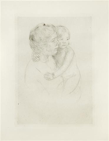Mary Cassatt, (American, 1844-1926), Denise Holdin: Mary Cassatt (American, 1844-1926) Denise Holding Her Child drypoint 8 x 5 1/2 inches. Ref: Breeskin, 204 Property from the Collection of Mr. and Mrs. John F. Monroe, Milwaukee, Wisconsin