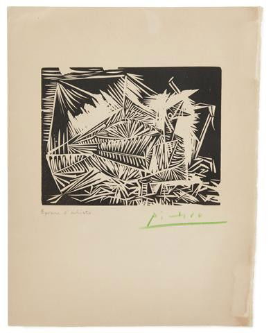 Pablo Picasso, (Spanish, 1881-1973), Pigeonneau: Pablo Picasso (Spanish, 1881-1973) Pigeonneau linocut epreuve d'artiste, signed Picasso (lower right) 6 1/4 x 7 3/4 inches. Ref: Bloch, 326 Property from the Estate of Tom G. and M