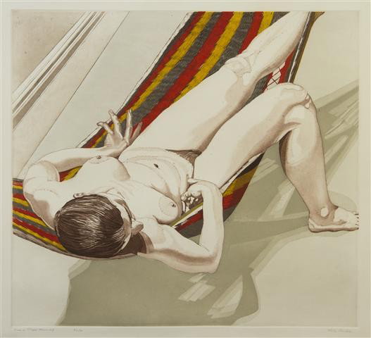 Philip Pearlstein, (American, b. 1924), Nude on St: Philip Pearlstein (American, b. 1924) Nude on Striped Hammock color etching edition 52/100, signed Philip Pearlstein (lower right) 23 1/4 x 25 1/2 inches. Property from the Collection
