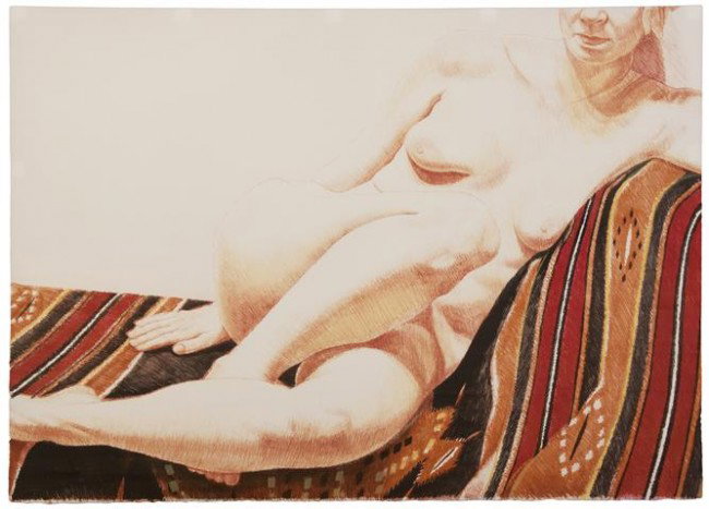 Philip Pearlstein, (American, b. 1924), Girl on Or: Philip Pearlstein (American, b. 1924) Girl on Orange and Black Mexican Rug, 1973 color lithograph edition 13/100, signed Philip Pearlstein and dated (lower right) 24 1/2 x 33 3/4 inches.