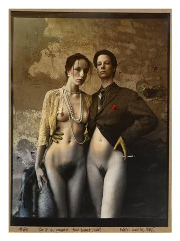 Jan Saudek, (Czech, b. 1935), Oh! those fabulous F: Jan Saudek (Czech, b. 1935) Oh! those fabulous Ferorva sisters handcolored gelatin silver print inscribed and signed Jan Saudek (lower right) 8 7/8 x 6 3/4 inches. Property from The A