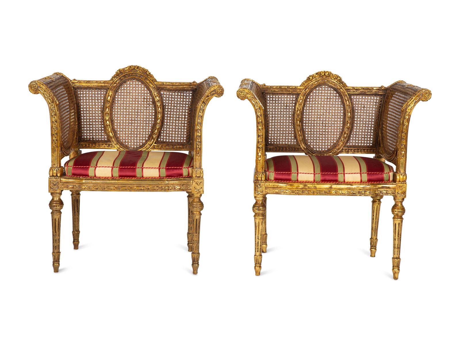 A Pair of Louis XVI Style Giltwood Cane-Back Benches  Height 34 1/4 x width 32 1/2 x depth 18 (1 of 8)