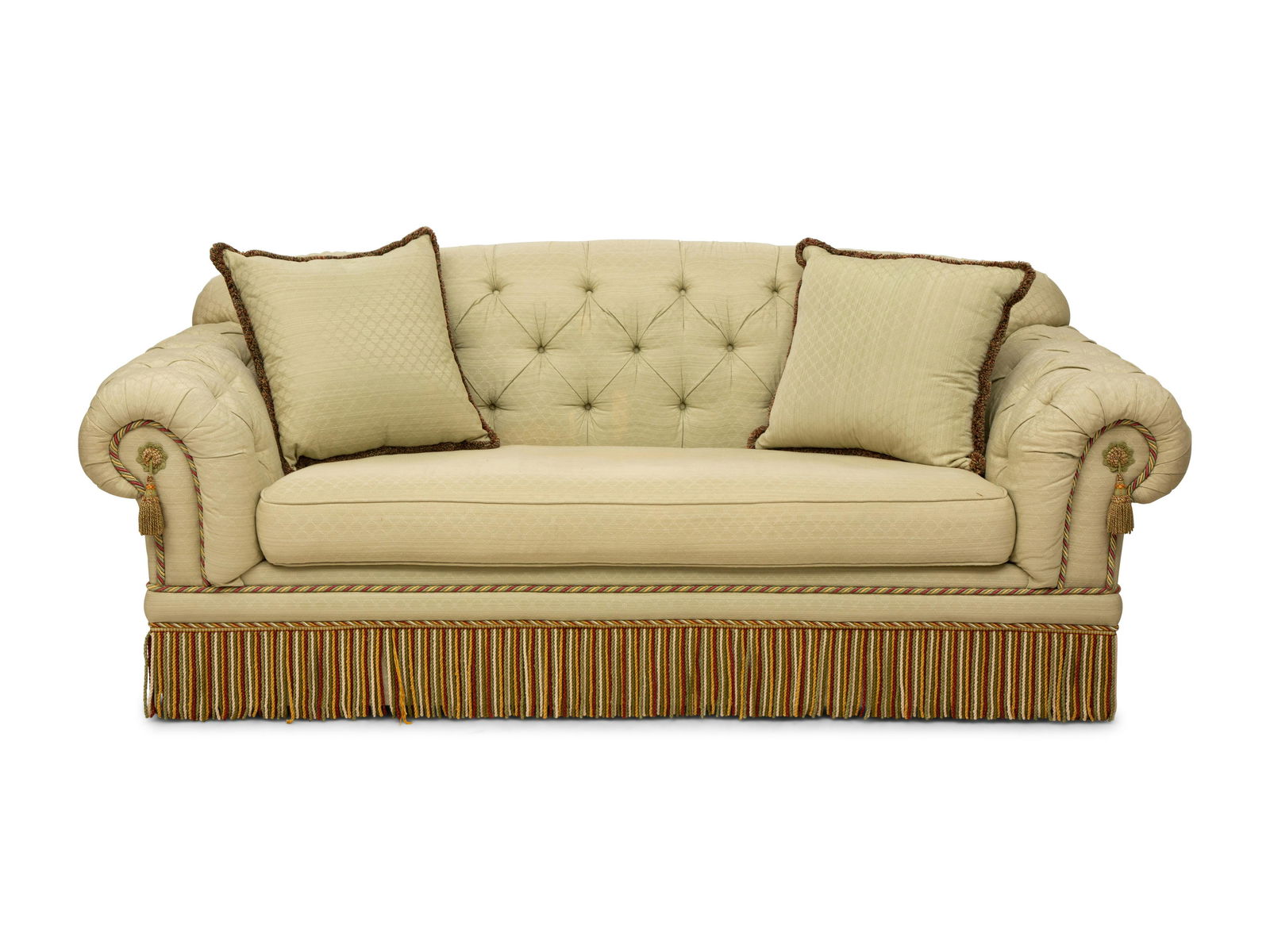 A Button-Tufted Sofa with Scalamandre Upholstery  Height 38 x width 89 x depth 41 inches. (1 of 11)
