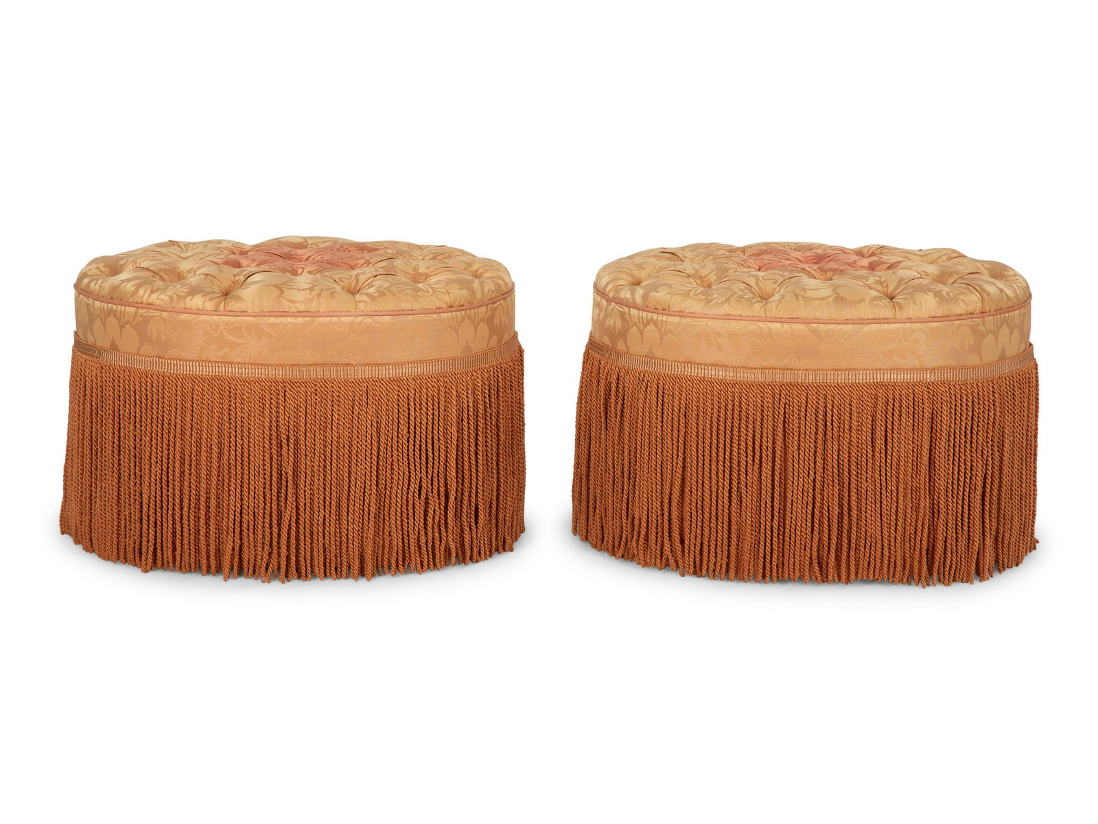 A Pair of Button-Tufted Damask Upholstered Ottomans  Height 19 1/2 x width 29 3/4 x depth 24 (1 of 9)