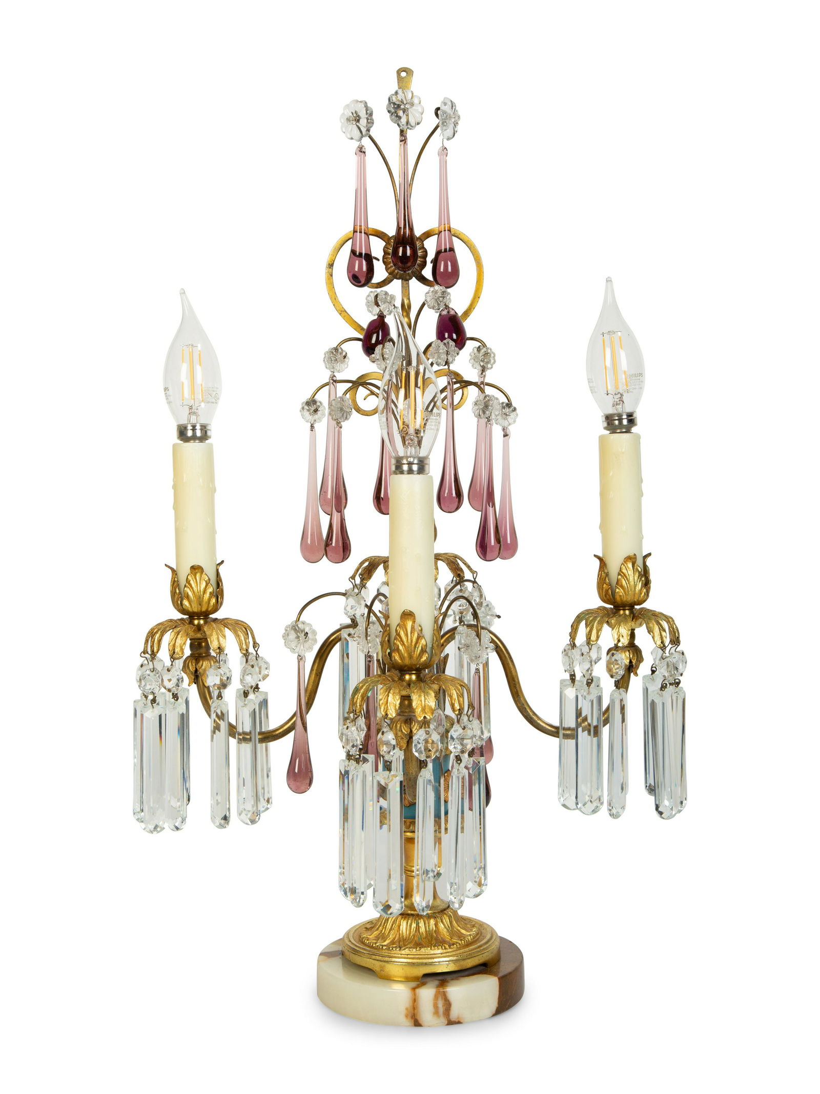 A Pair of Italian Gilt Bronze and Glass Three-Light Candelabra  Height 22 1/2 inches. (1 of 9)