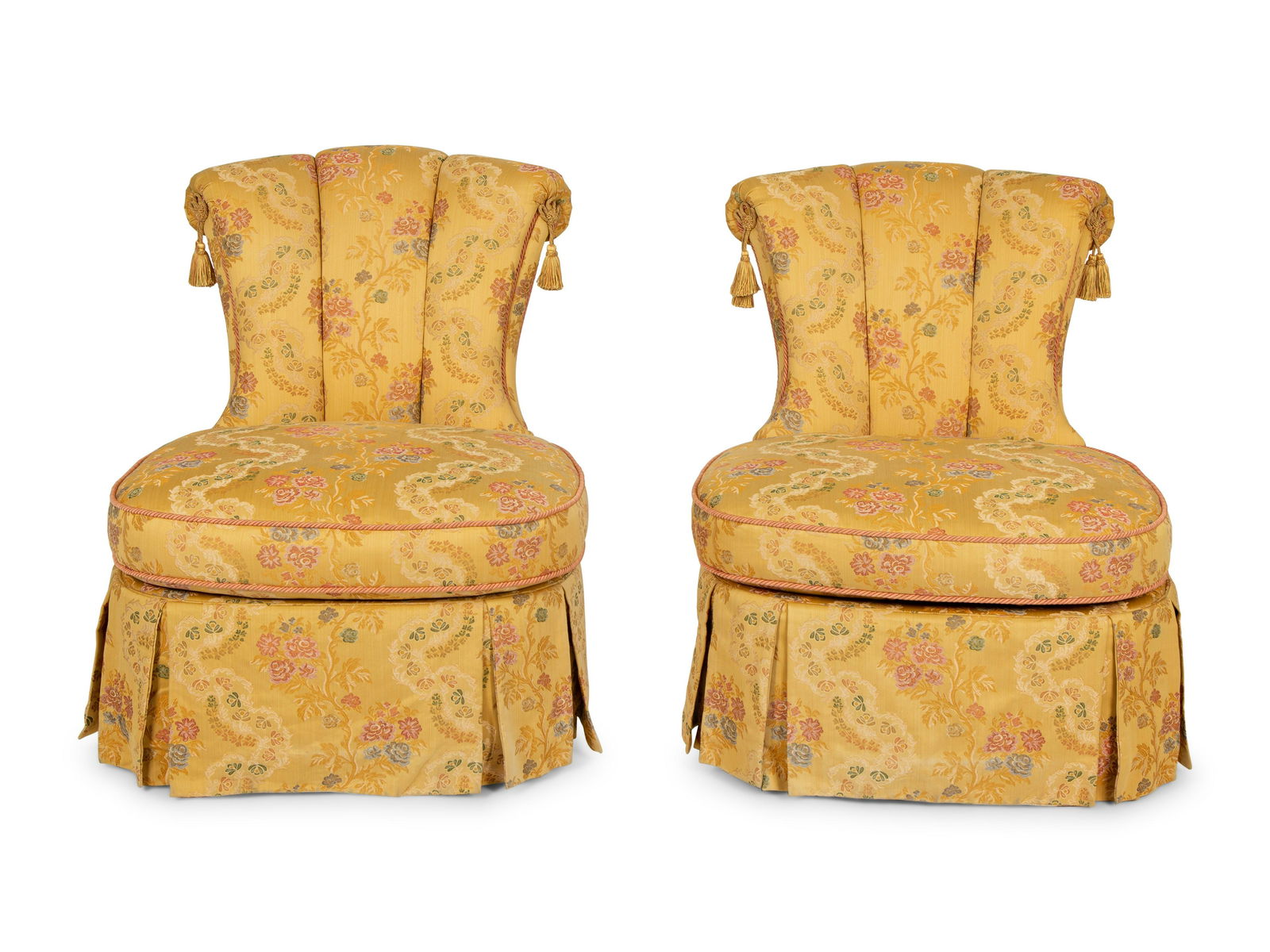 A Pair of Tufted Slipper Chairs with Scalamandre Gabrielle Gold Lampas Upholstery  Height 36 x (1 of 7)