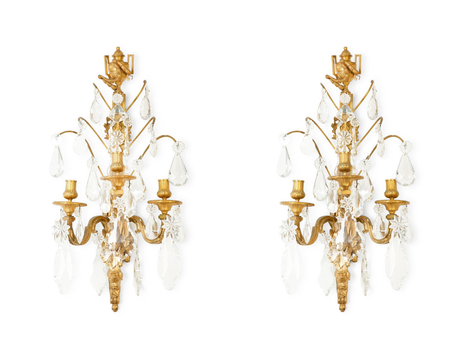 A Pair of Louis XVI Style Gilt Bronze and Cut Glass Three-Light Sconces  Height 30 x width 14 (1 of 10)