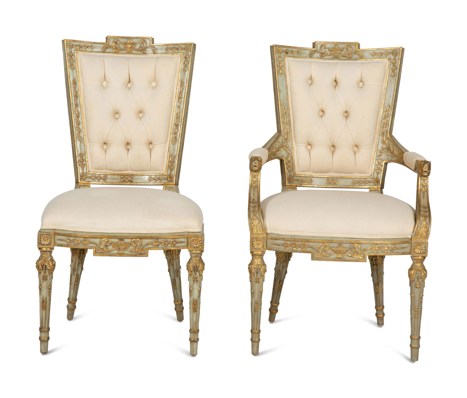 Two Italian Neoclassical Style Painted and Parcel Gilt Chairs Height 39 1/4 x width of armchair 23 (1 of 9)