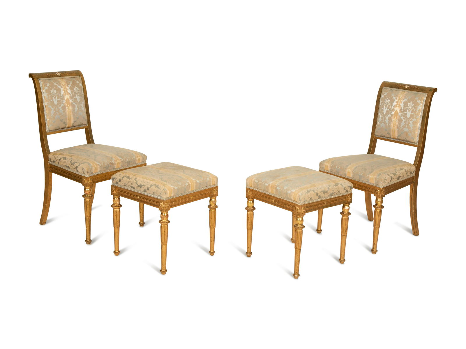 A Pair of Directoire Style Giltwood Side Chairs with Matching Tabourets Height of chairs 35 inches; (1 of 7)
