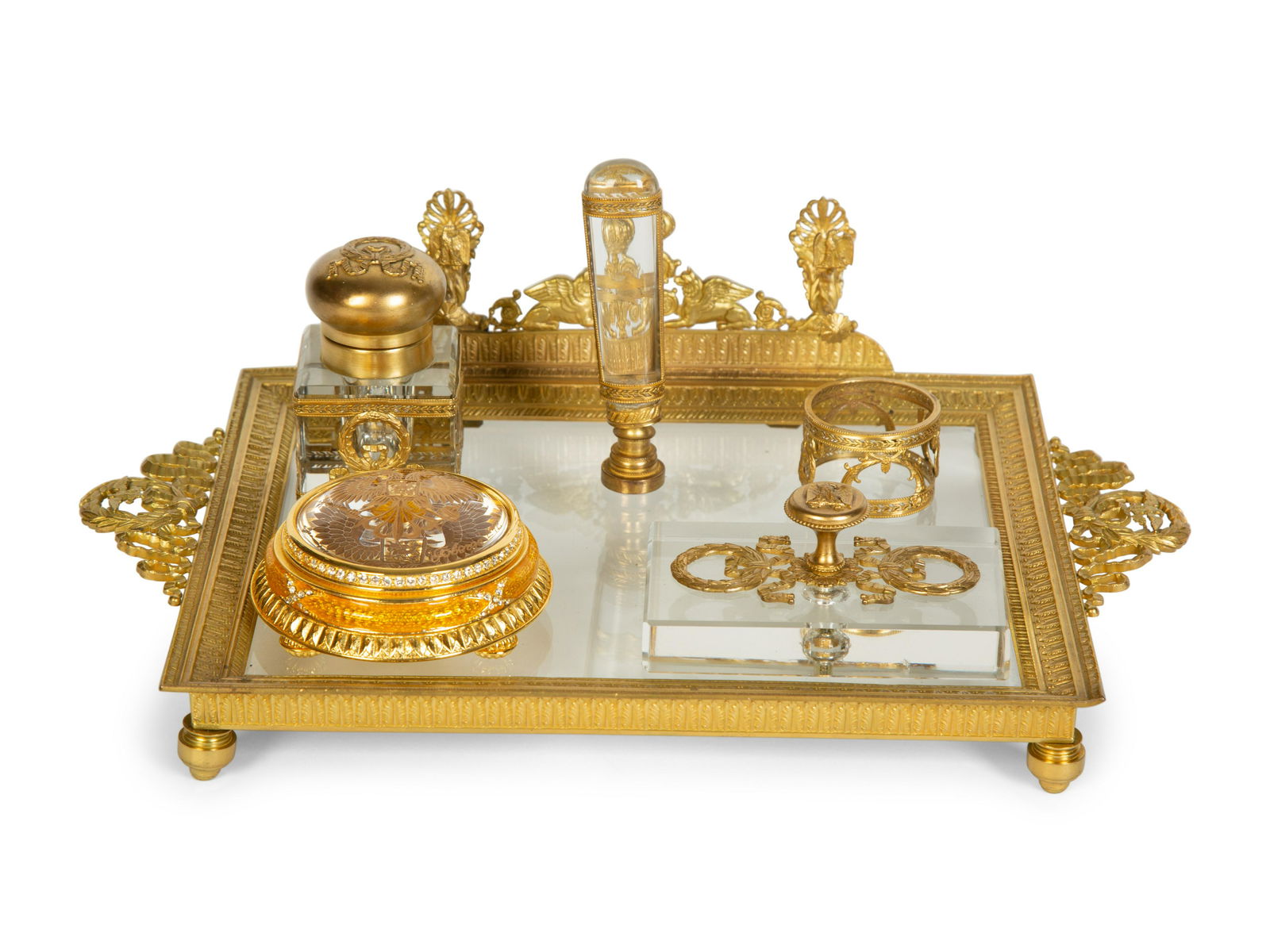 A Group of Five Gilt Bronze and Glass Desk Articles and a Faberge Imperial Paperweight Length of (1 of 8)