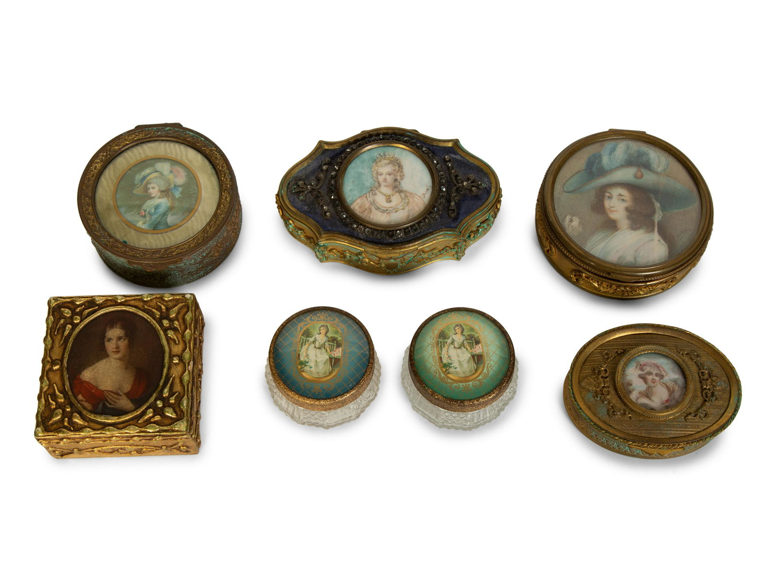 Seven Continental Table Boxes Length of largest 5 1/8 inches; diameter of smallest 2 5/8 inches. (1 of 8)