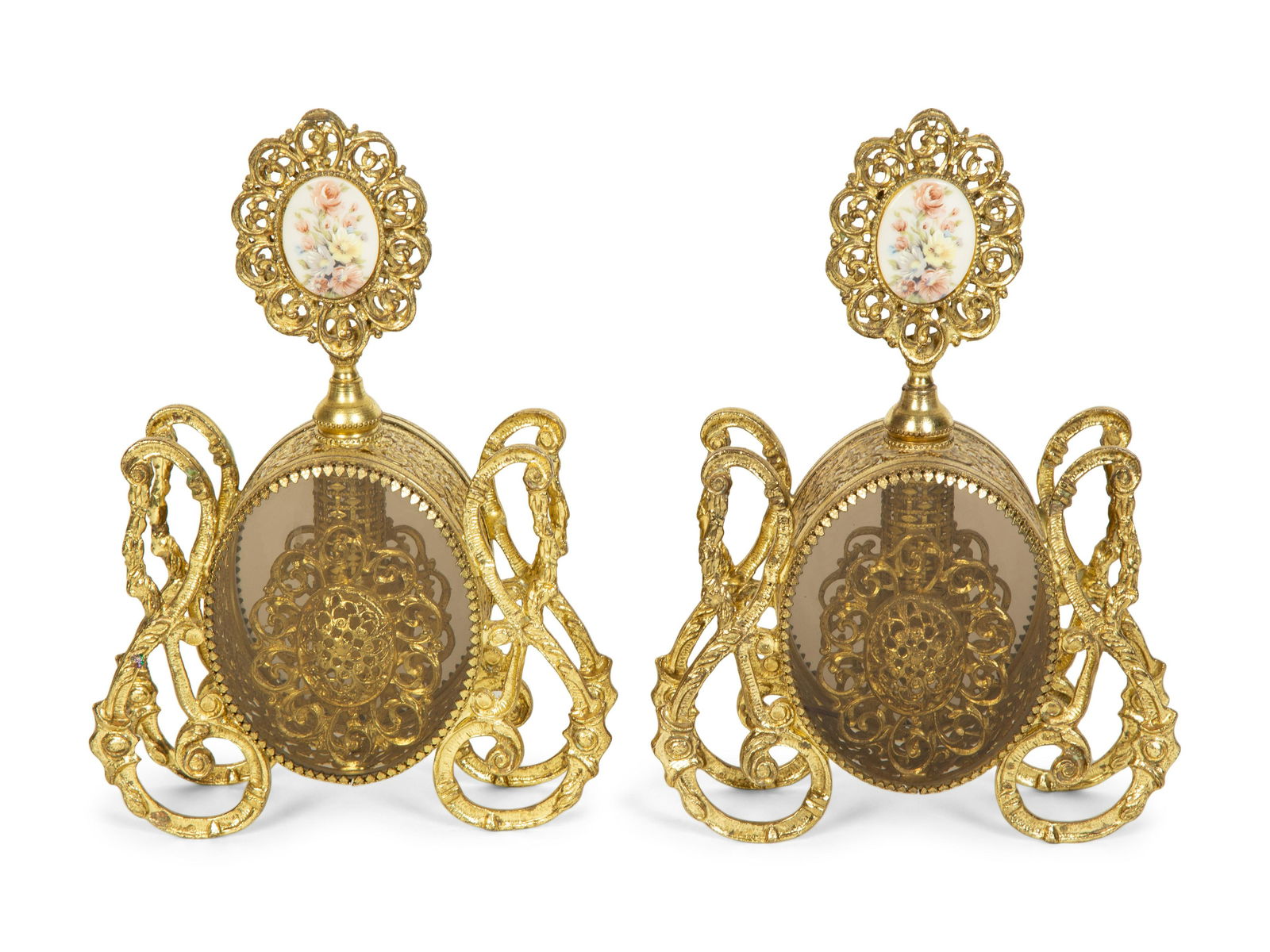 A Pair of Continental Gilt Metal and Glass Perfume Bottles Height 9 1/2 inches. (1 of 7)