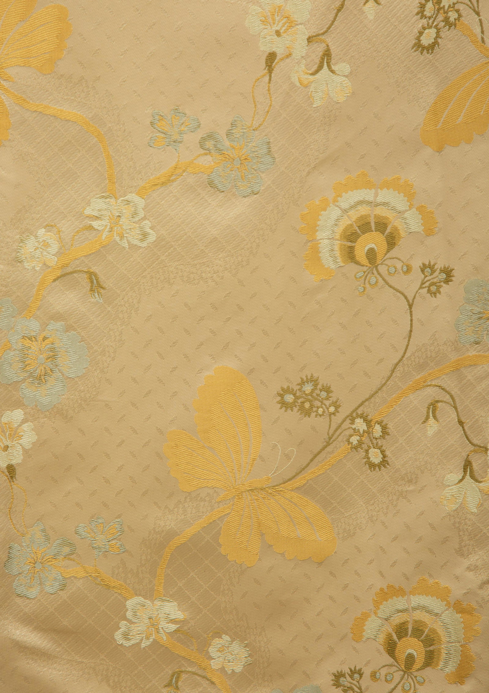A Scalamandre Ivory and Light Blue Silk Lampas Balloon Window Shade Approximately 93 x 67 inches.: A Scalamandre Ivory and Light Blue Silk Lampas Balloon Window Shade 20th Century with butterfly motif; fully lined with cream fabric. Approximately 93 x 67 inches.