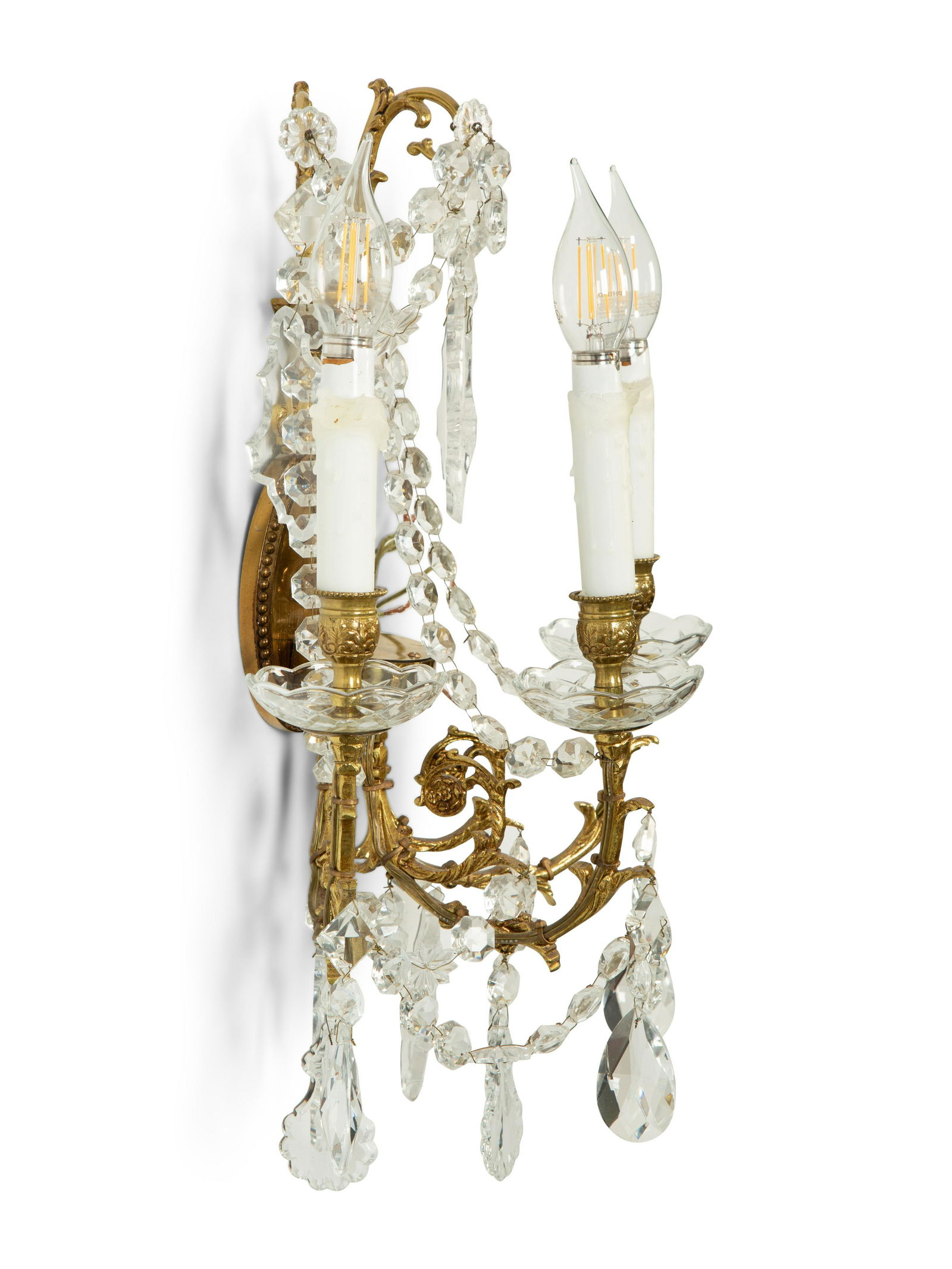 A Pair of Gilt Metal and Cut Glass Three-Light Wall Lights Height 19 inches. (1 of 7)