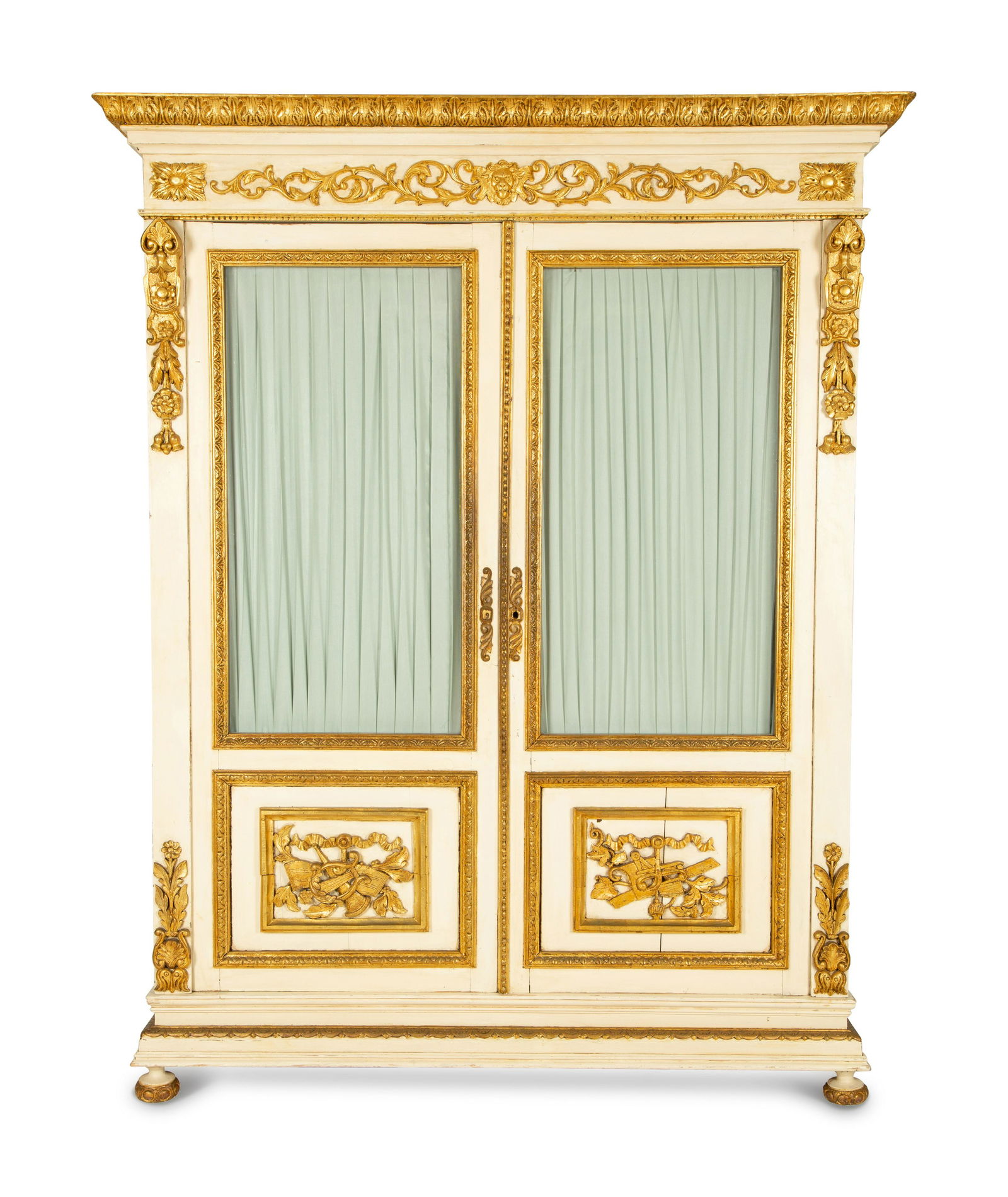 A Louis XVI Style White Painted and Parcel Gilt Armoire Height 91 x
