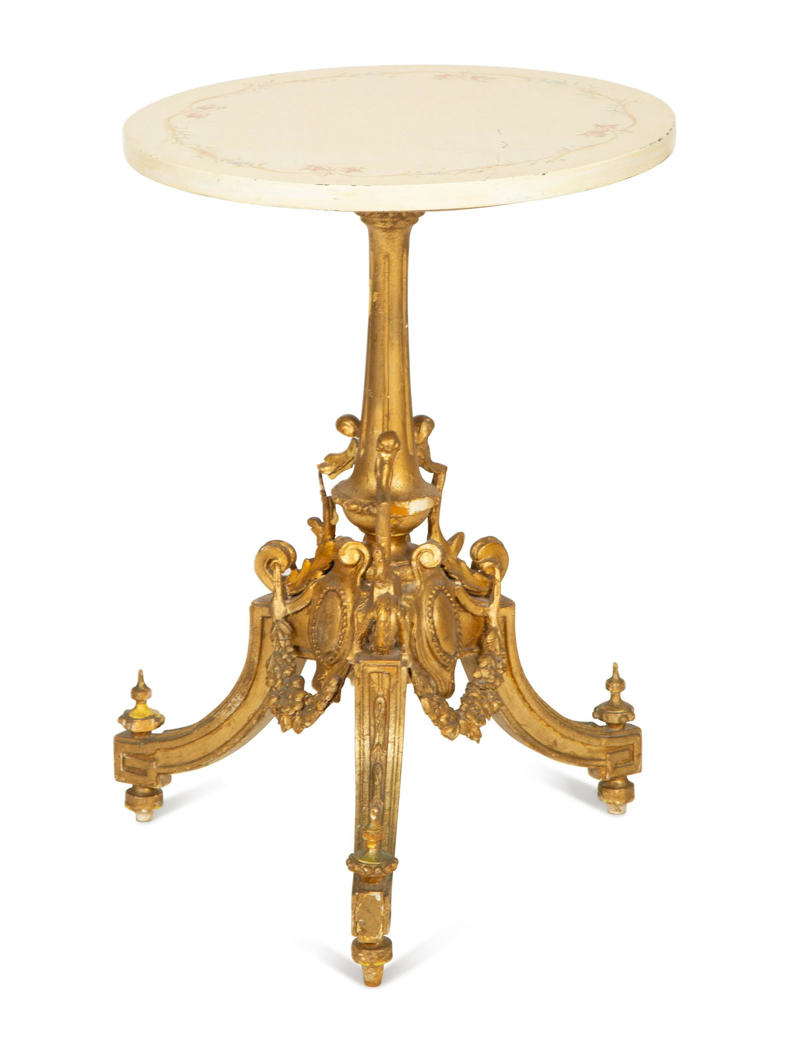 A Louis XVI Style Carved Giltwood Tripod Table Base with an Associated Top Base height, 24 inches; (1 of 8)