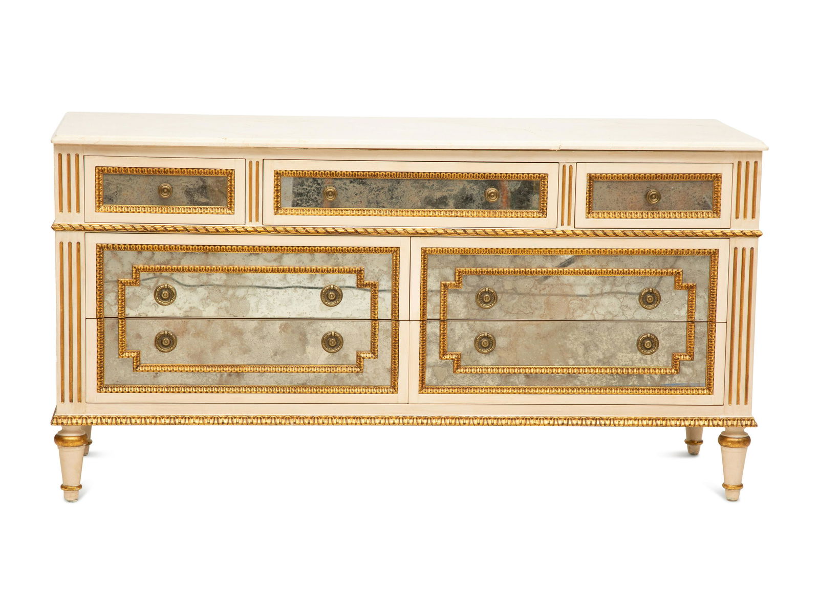 A Louis XVI-Style Painted and Mirrored Marble-Top Dresser Height 33 x width 63 x depth 23 1/4 (1 of 10)