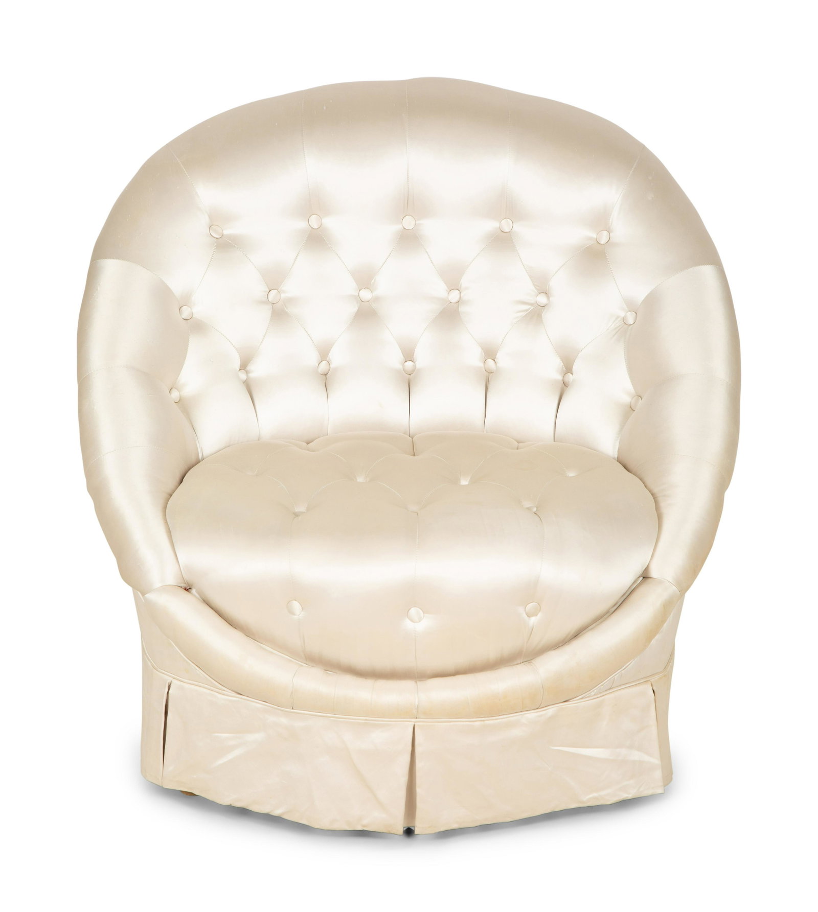 A Button-Tufted Silk-Upholstered Skirted Lounge Chair  Height 33 1/2 inches. (1 of 7)