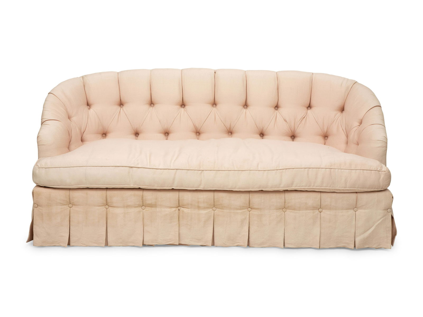 A Button-Tufted Silk Upholstered Settee Height 32 1/2 x 78 inches. (1 of 8)