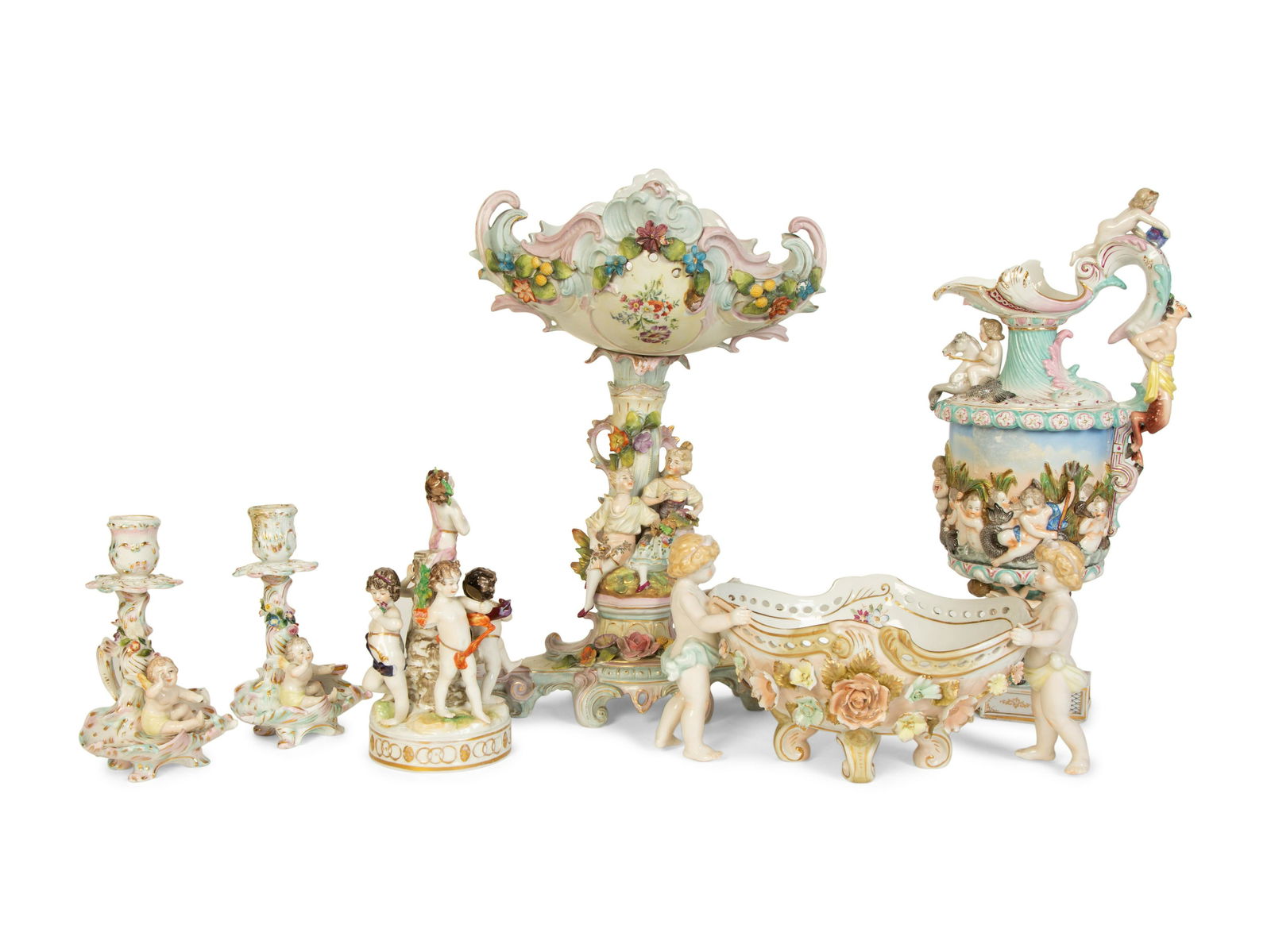 A Group of Six Continental Painted Porcelain Table Articles Height of largest 15 1/2 inches. (1 of 16)