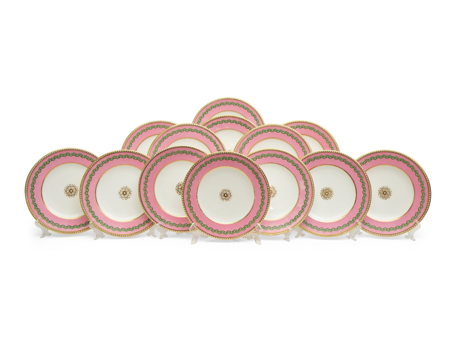 A Set of Thirteen Pink and Green Painted Porcelain Luncheon Plates Diameter, 9 1/8 inches.: A Set of Thirteen Pink and Green Painted Porcelain Luncheon Plates 20th Century no maker's mark. Diameter, 9 1/8 inches.