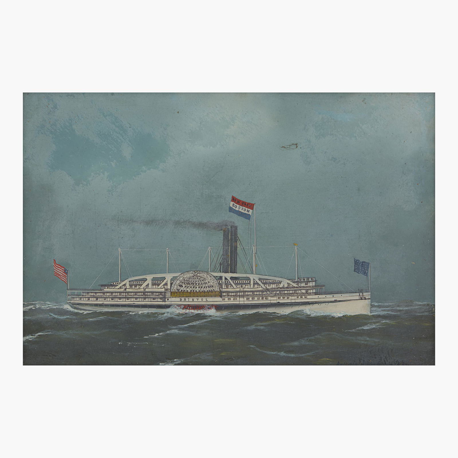 Antonio Jacobsen (American/Danish, 1850-1921) Bristol Paddle Steamer: Antonio Jacobsen (American/Danish, 1850-1921) Bristol Paddle Steamer Signed and dated 'Antonio Jacobsen 1875' bottom right; also with with retailer's blindtsamp verso, oil and gouache on photographic