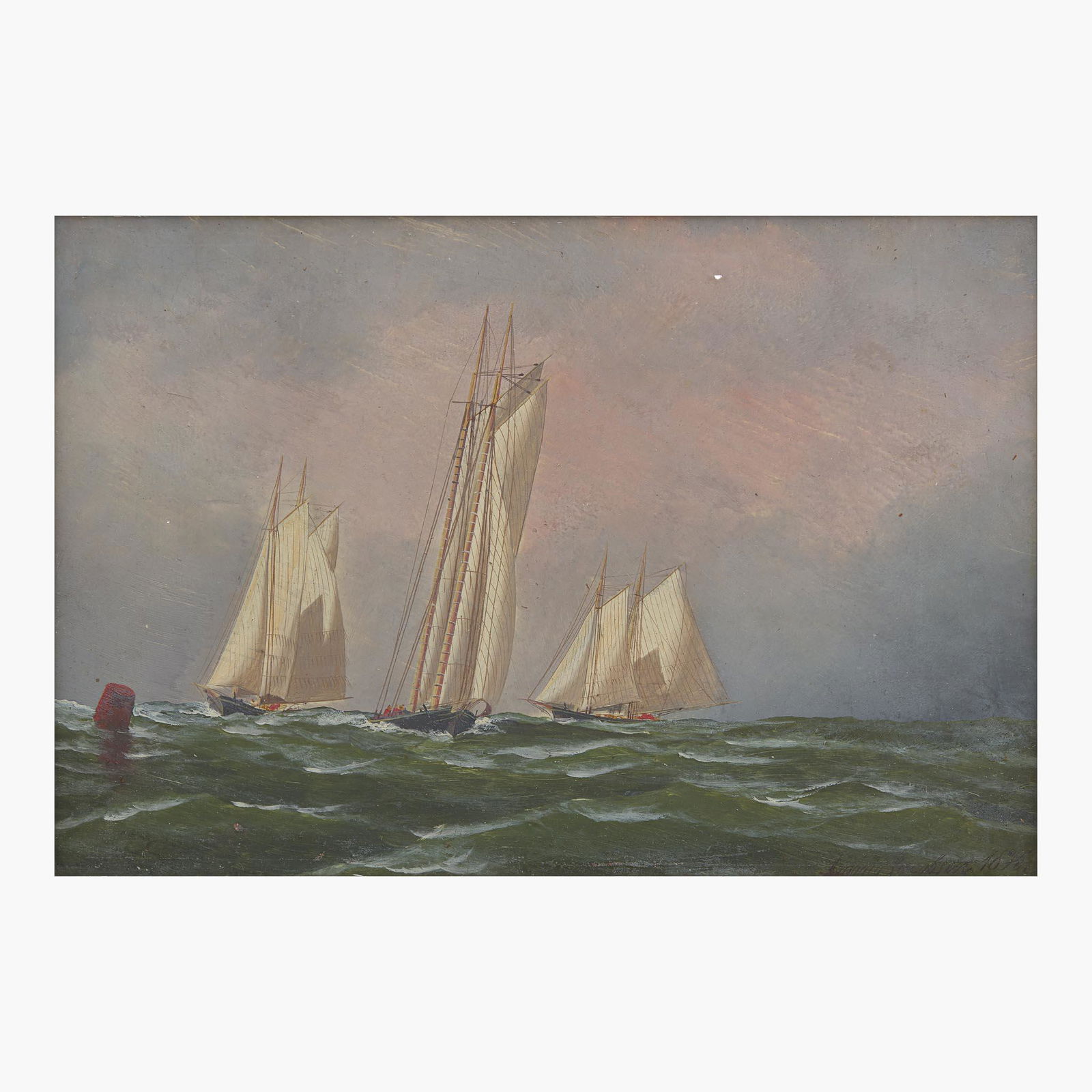 Antonio Jacobsen (American/Danish, 1850-1921) Three Racing Yachts: Antonio Jacobsen (American/Danish, 1850-1921) Three Racing Yachts Signed and dated 'Antonio Jacobsen 1875' bottom left; also with retailer's blindstamp verso, oil and gouache on photographic cardboard