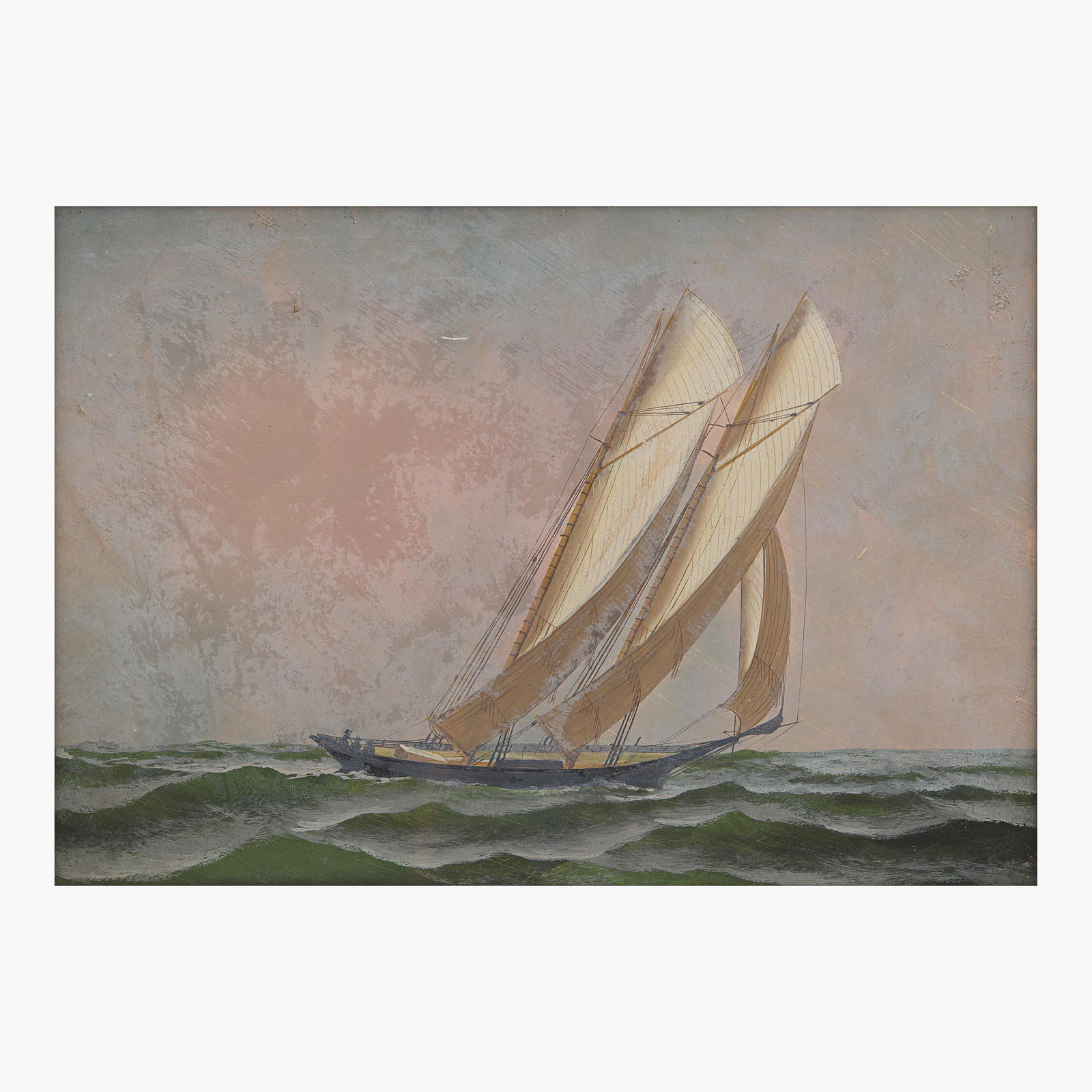 Antonio Jacobsen (American/Danish, 1850-1921) Single Yacht Facing Right: Antonio Jacobsen (American/Danish, 1850-1921) Single Yacht Facing Right With retailer's blindstamp verso, oil and gouache on photographic cardboard9 5/8 x 13 5/8 in. (24.4 x 34.6cm) Provenance Privat