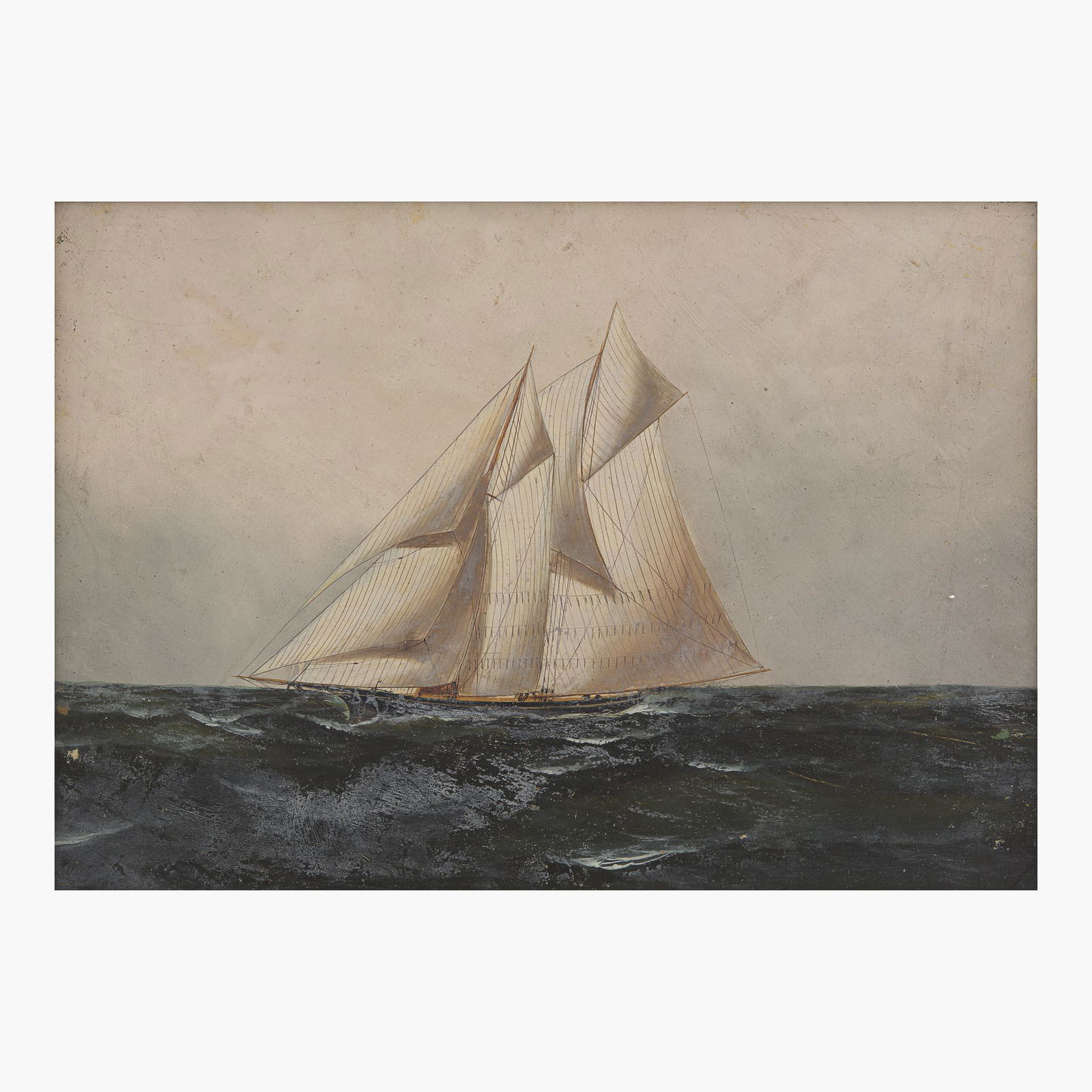 Antonio Jacobsen (American/Danish, 1850-1921) Single Yacht Facing Left: Antonio Jacobsen (American/Danish, 1850-1921) Single Yacht Facing Left With retailer's blindstamp verso, oil and gouache on photographic cardboard9 5/8 x 13 5/8 in. (24.4 x 34.6cm) Provenance Private