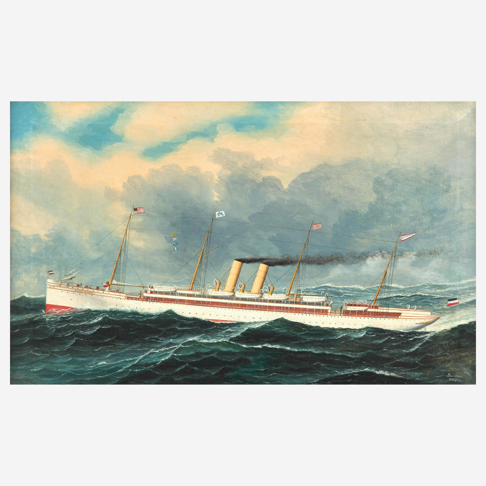 Antonio Jacobsen (American/Danish, 1850–1921) Imperial Mail Steamer Kaiser Wilhelm II: Antonio Jacobsen (American/Danish, 1850–1921) Imperial Mail Steamer Kaiser Wilhelm II Inscribed and located 'Beerwald/Hoboken' bottom right, oil on canvas21 7/8 x 35 3/8 in. (55.6 x 89.9cm) Pro