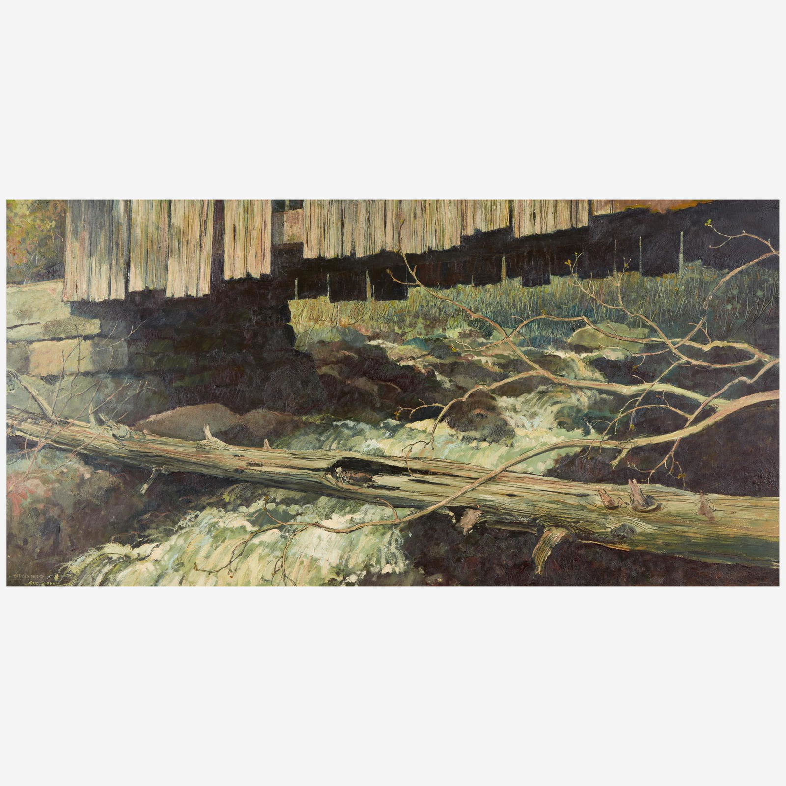 Eric Sloane (American, 1905–1985) The Old Bridge: Eric Sloane (American, 1905–1985) The Old Bridge Titled (all caps, underlined) and signed 'Eric Sloane' bottom left, oil on Masonite 24 x 47 3/4 in. (61 x 121.3cm)In the Artist's original hand-m