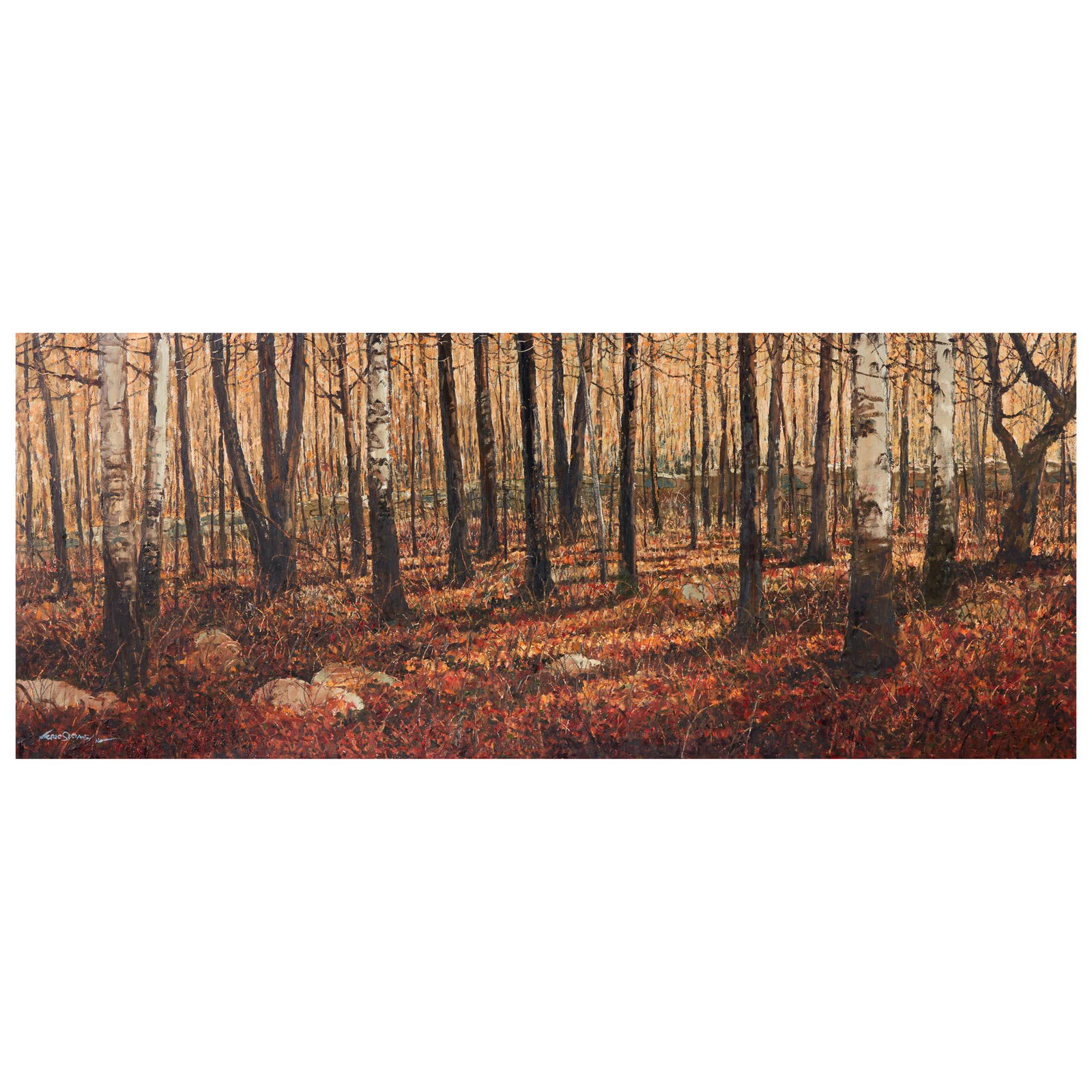 Eric Sloane (American, 1905–1985) Forest Interior: Eric Sloane (American, 1905–1985) Forest Interior Signed 'Eric Sloane N.A.' bottom left, oil on Masonite23 3/4 x 60 in. (60.3 x 152.3cm)In the Artist's original hand-made floating frame. Proven