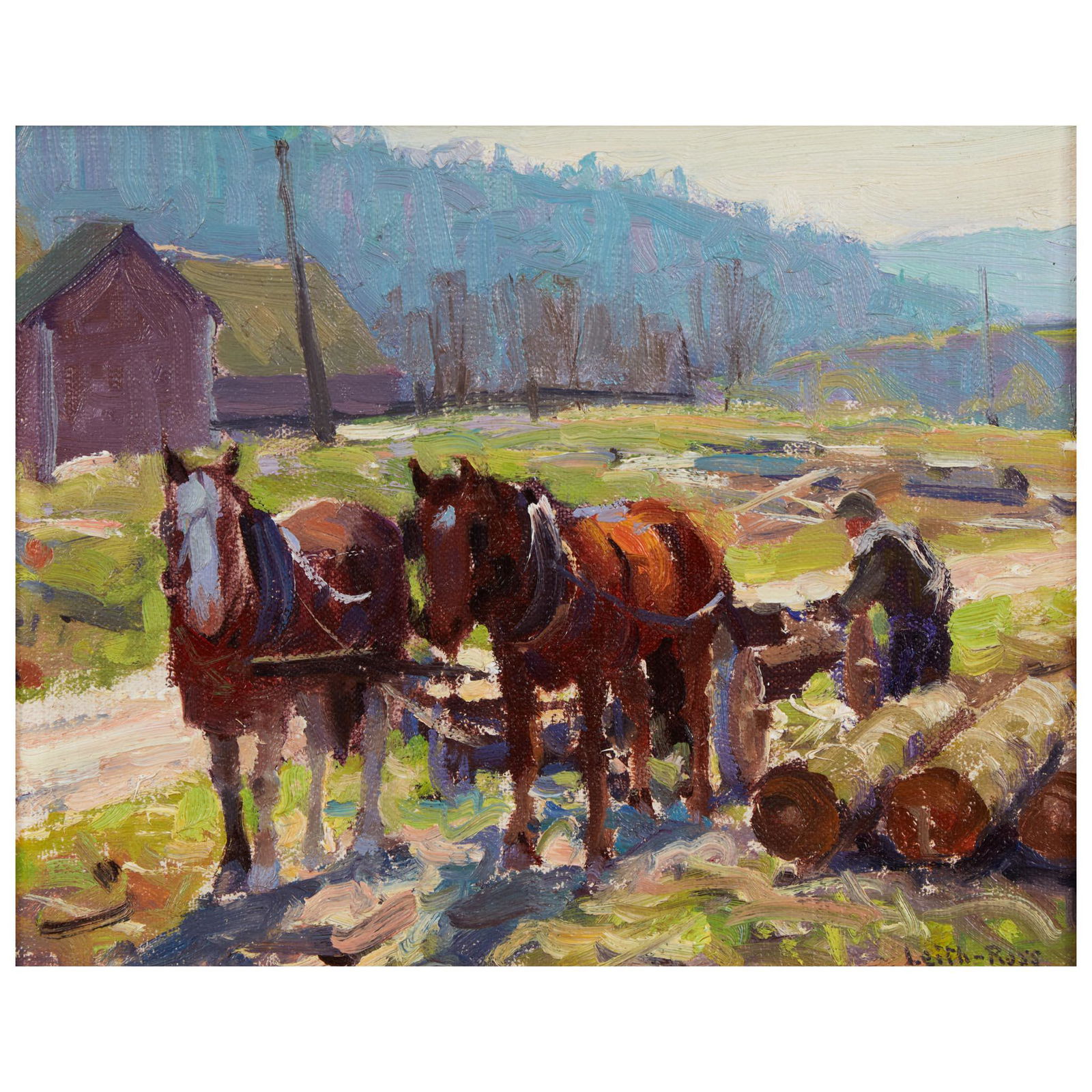 Harry Leith-Ross (American, 1886–1973) The Log Team: Harry Leith-Ross (American, 1886â€“1973) The Log Team Signed 'Leith-Ross' bottom right, oil on canvas laid down to board8 1/4 x 10 3/8 in. (21 x 26.4cm)Executed circa 1928. Provenance Salmagundi