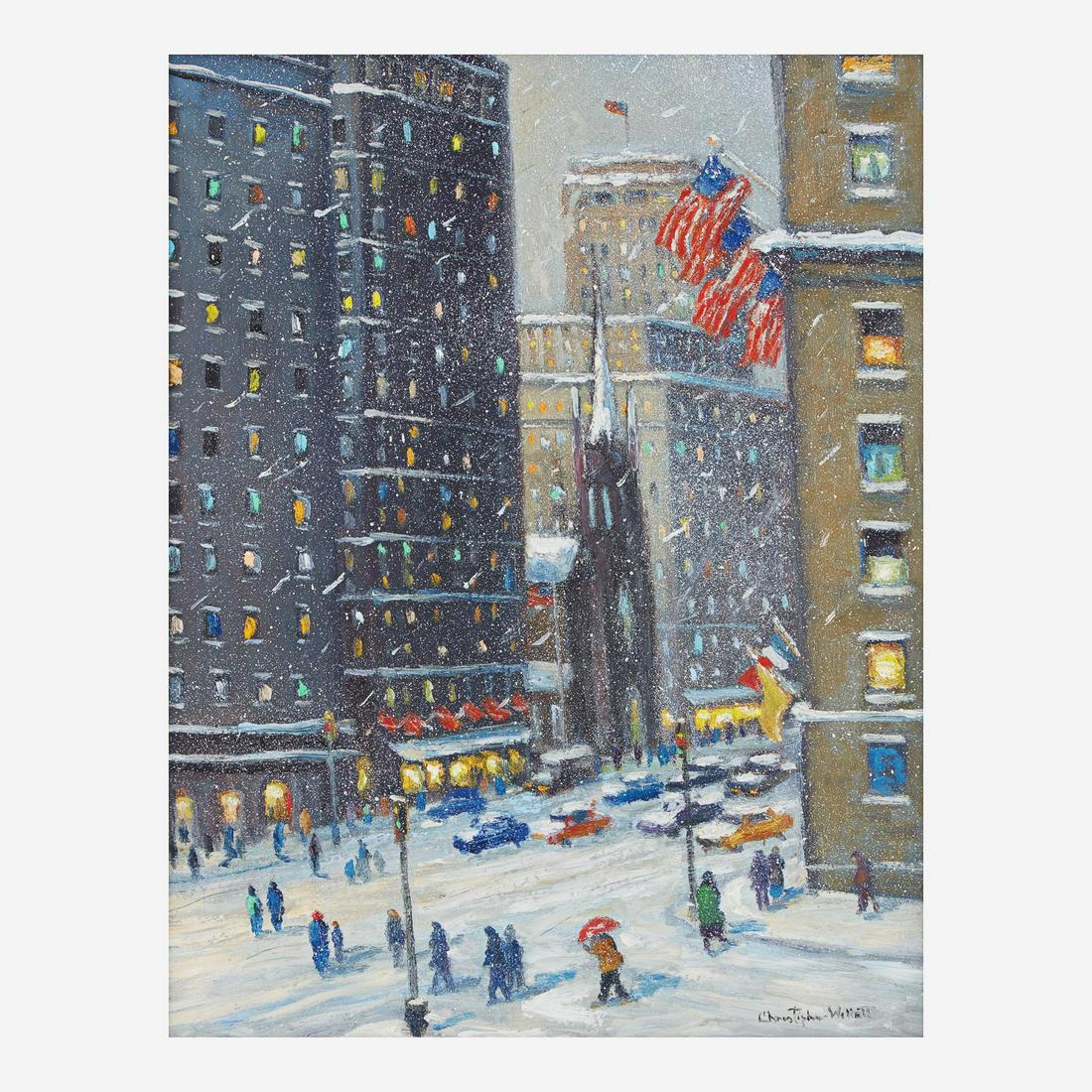 Christopher Willett (American, B. 1959) Fifth Avenue Looking Towards Trinity Church: Christopher Willett (American, B. 1959) Fifth Avenue Looking Towards Trinity Church Signed 'Christopher Willett' bottom right; also signed and located 'New York/ City' verso, oil on board18 1/2 x 14 3