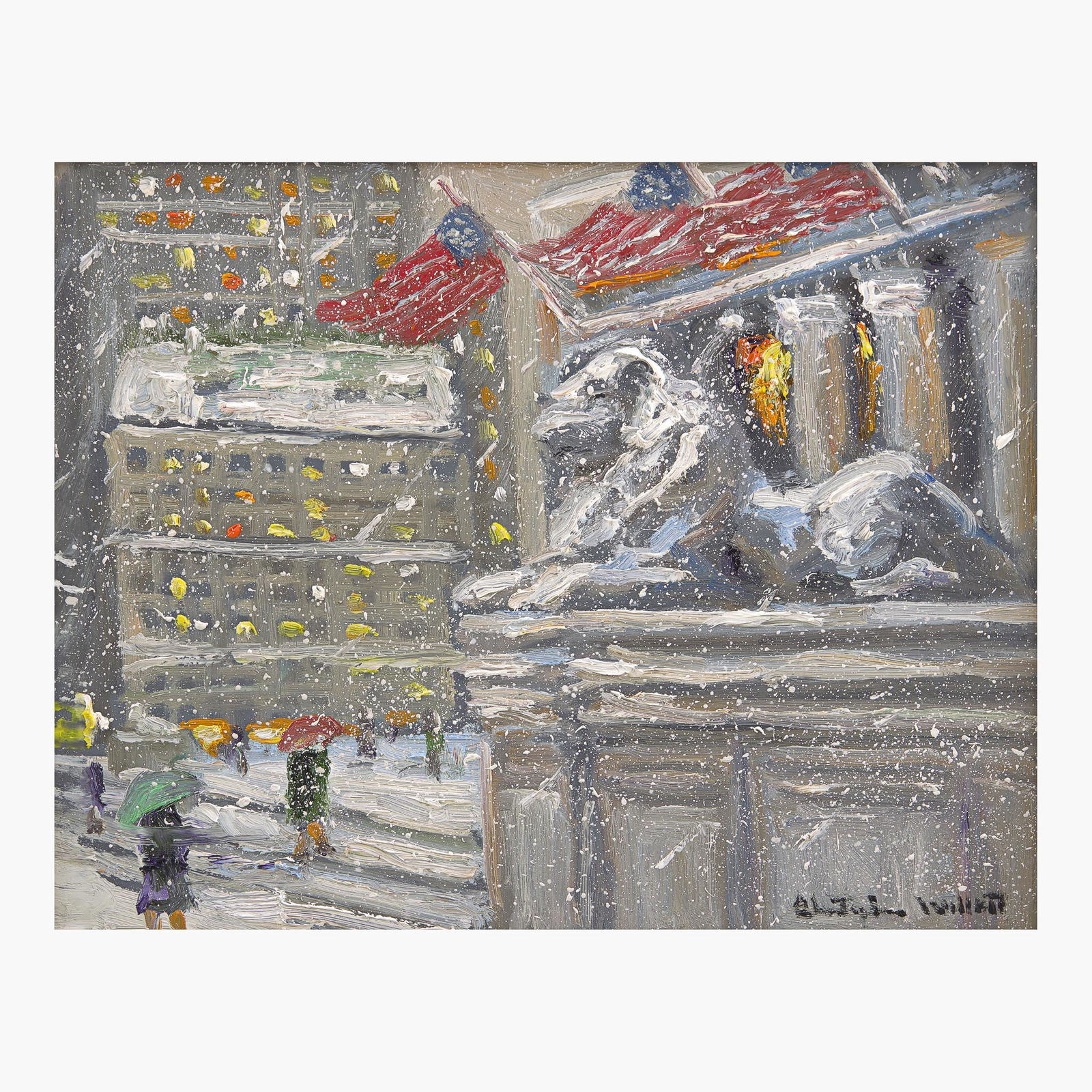 Christopher Willett (American, B. 1959) December - N.Y. Lybrary [sic]: Christopher Willett (American, B. 1959) December - N.Y. Lybrary [sic] Signed 'Christopher Willett' bottom right; also signed, titled, and located 'N.Y.' verso, oil on board7 1/2 x 9 1/2 in. (19.1 x 24