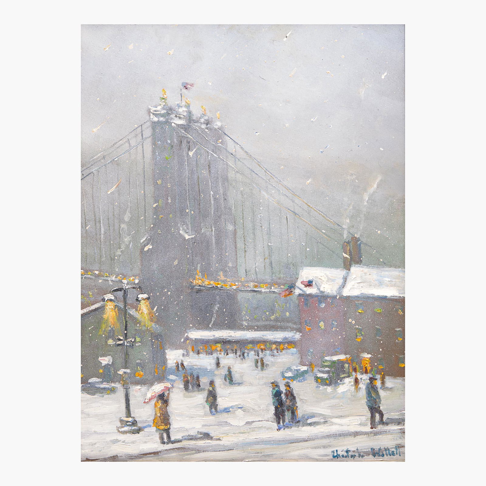 Christopher Willett (American, born 1959) View to Brooklyn Bridge: Christopher Willett (American, born 1959) View to Brooklyn Bridge Signed 'Christopher Willett' bottom right; also signed and located 'Brookland [sic] Bridge/ N.Y.' verso, oil on board15 1/2 x 11 in. (