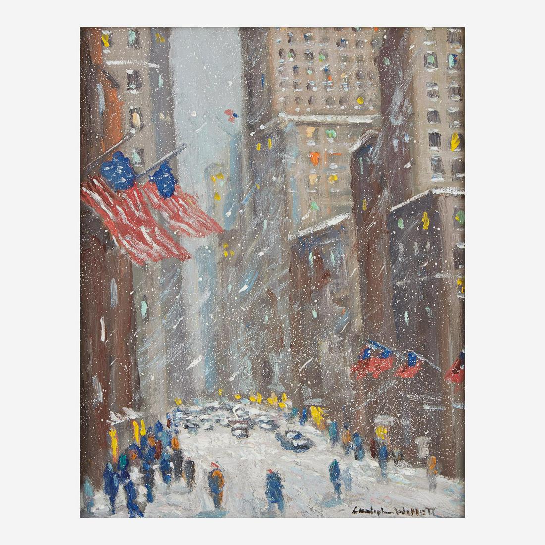 Christopher Willett (American, B. 1959) Winter on 57th Street: Christopher Willett (American, B. 1959) Winter on 57th Street Signed 'Christopher Willett' bottom right; also signed and located '57th Street/ New York/ City/ Christopher Willett' verso, oil on board9