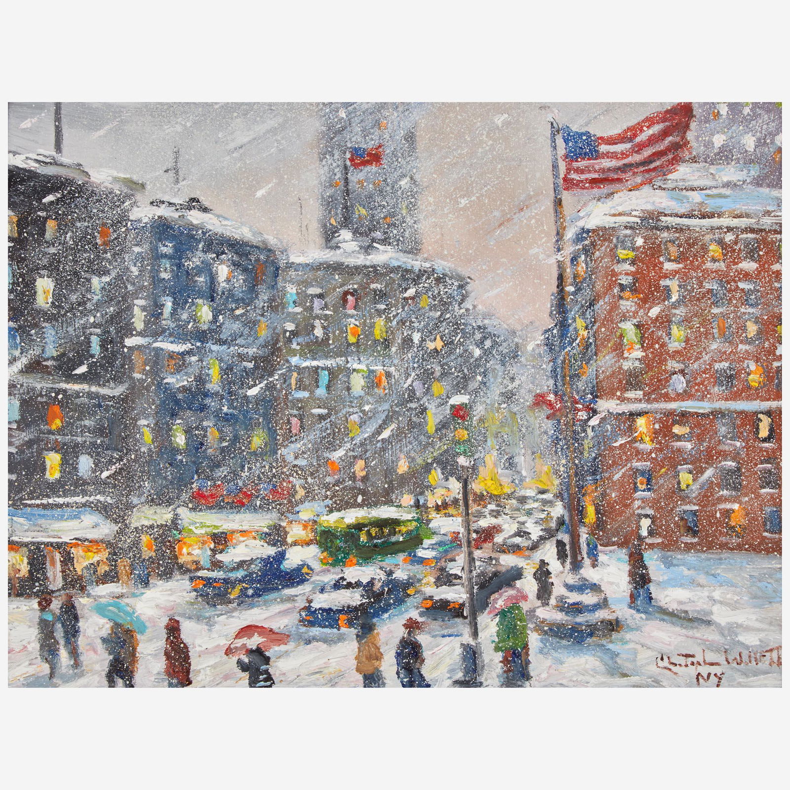 Christopher Willett (American, B. 1959) New York in Winter: Christopher Willett (American, B. 1959) New York in Winter Signed and located 'Christopher Willett NY' bottom right, oil on board11 5/8 x 15 1/4 in. (29.5 x 38.7cm) Provenance Private Col