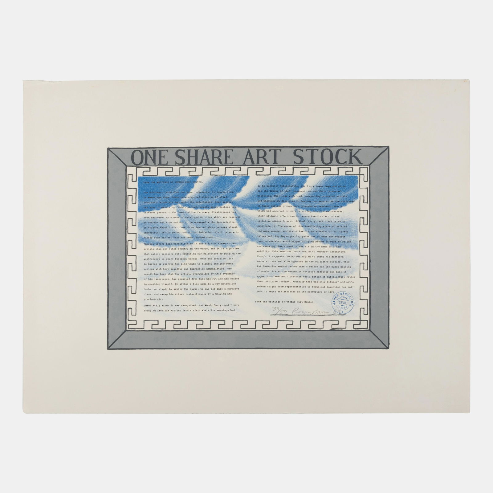 Roger Brown (American, 1941-1997) One Share Art Stock, 1989: Roger Brown (American, 1941-1997) One Share Art Stock, 1989 lithograph signed, dated, and numbered 39/50 in pencil 13 1/2 x 18 1/4 inches. Property from a Private Collection, Houston, Texas