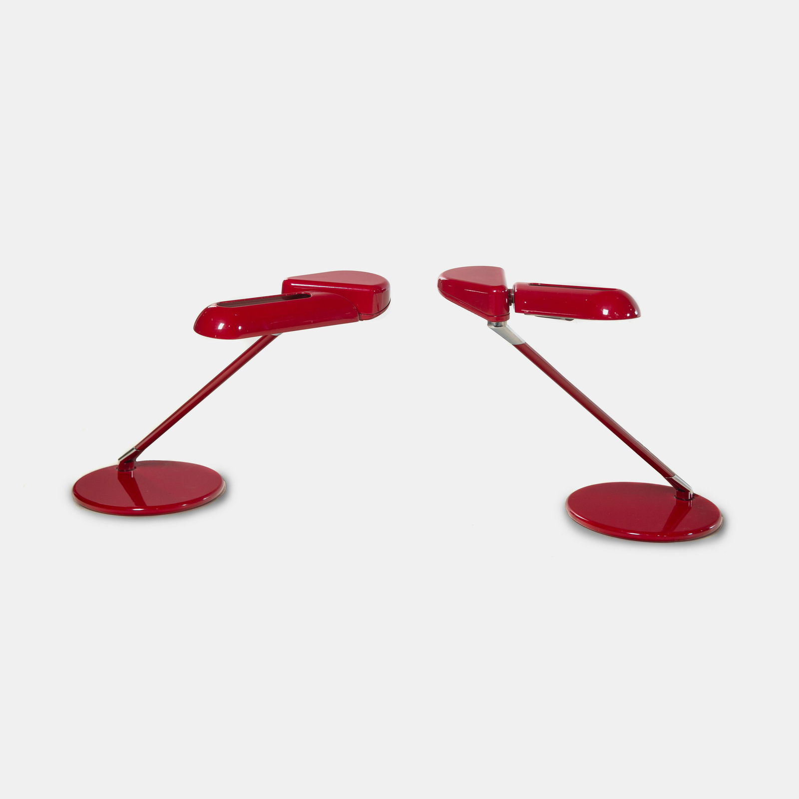 Bruno Gecchelin (Italian, b. 1939) Pair of Ring Table Lamps, model A400, c. 1980 Arteluce, Italy: Bruno Gecchelin (Italian, b. 1939) Pair of Ring Table Lamps, model A400, c. 1980 Arteluce, Italy enameled steel with manufacturer's markings and labels H 15 x W 22 x D 9 inches. Property from a Privat