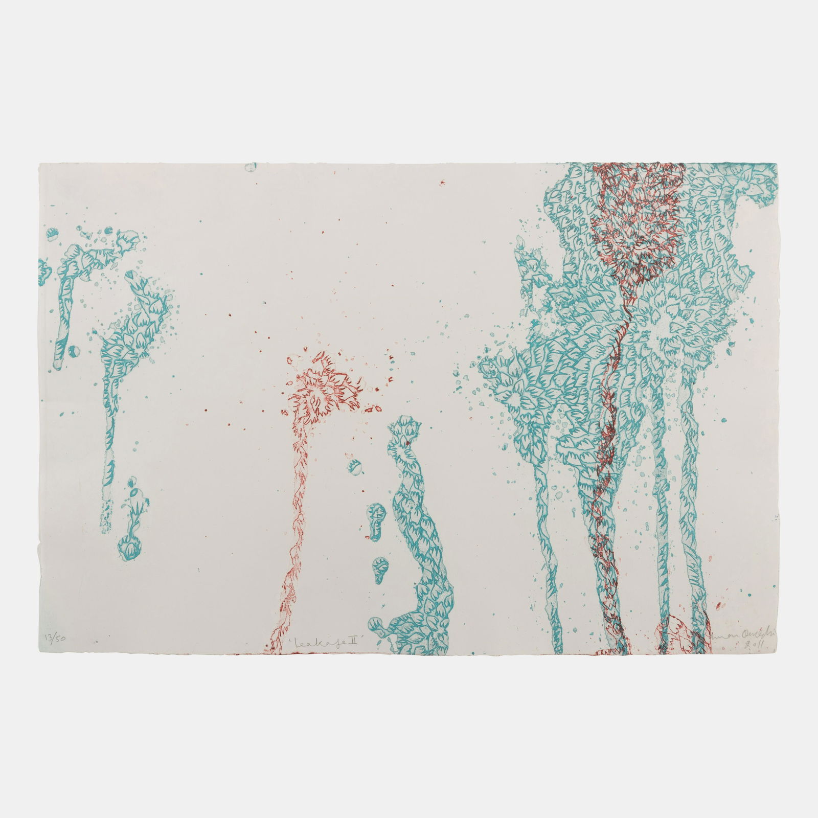 Imran Qureshi (Pakistani, b. 1972) Leakage II, 2011: Imran Qureshi (Pakistani, b. 1972) Leakage II, 2011 color etching signed, titled, dated, and numbered 13/50 in pencil 14 1/2 x 22 1/4 inches.