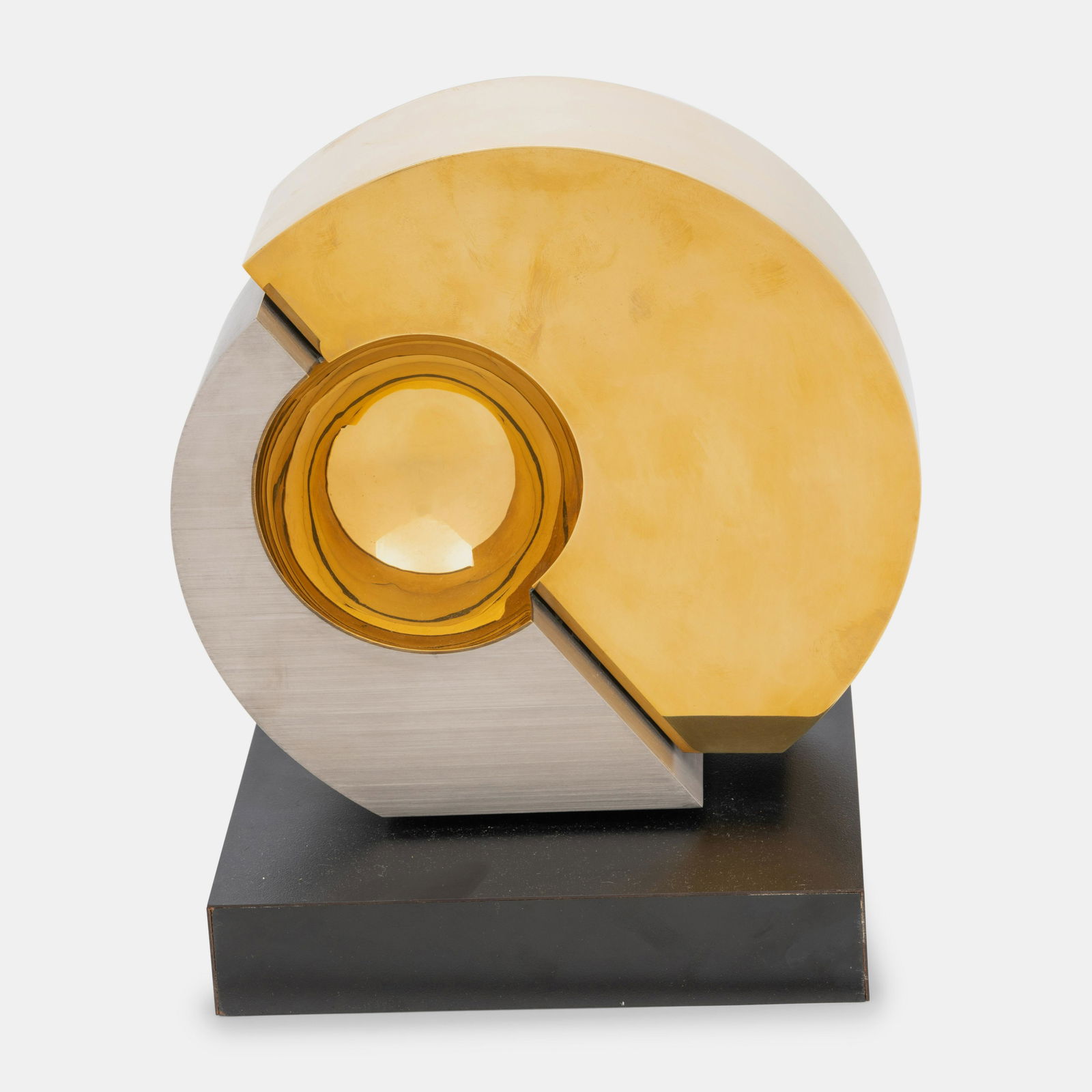 Dolly Moreno (Brazilian, 20th/21st Century) Chicago, 1998: Dolly Moreno (Brazilian, 20th/21st Century) Chicago, 1998 polished brass and brushed stainless steel inscribed Dolly Moreno in relief (base) 8 3/4 x 9 x 3 1/4 inches. Property from a Private Collector