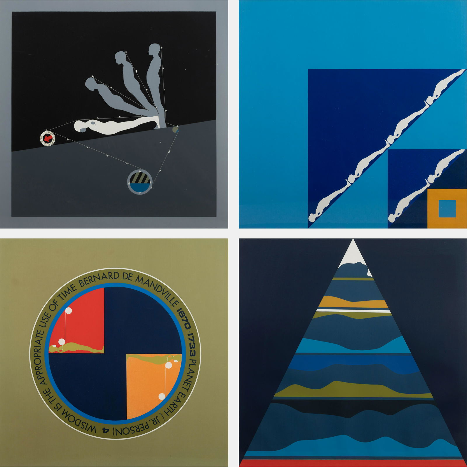 Ernest Trova (American, 1927-2009) Four Prints from Study/Falling Man, Series I and II, 1967: Ernest Trova (American, 1927-2009) Four Prints from Study/Falling Man, Series I and II, 1967 screenprints on canvas signed, dated, and numbered 19/75 each 22 3/4 x 22 3/4 inches.