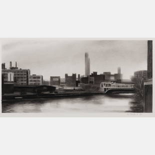 Matthew Daub (American, 20th/21st century) Chicago River Landscape #6, 1987: Matthew Daub (American, 20th/21st century) Chicago River Landscape #6, 1987 conte crayon on paper signed and dated (lower right) 7 x 15 inches.